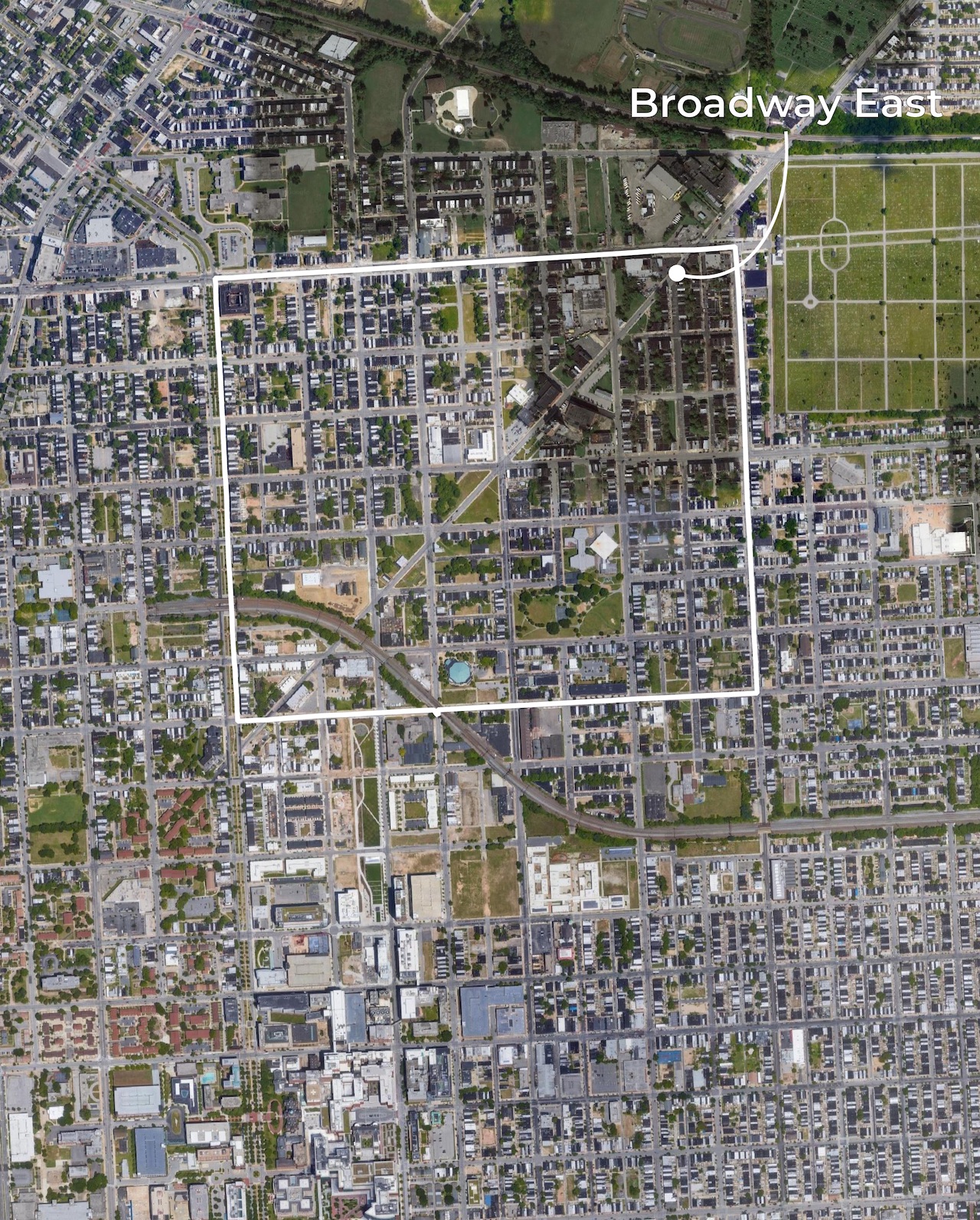 The map is fully zoomed in on a satellite image of Broadway East, an area clearly full of more buildings and concrete than trees.