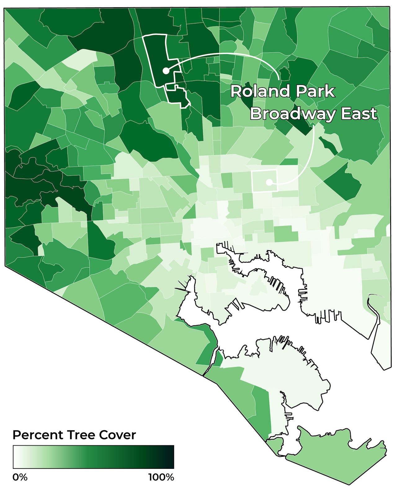 This map shows each neighborhood color-coded in shades of green according to how much is covered in tree canopy.