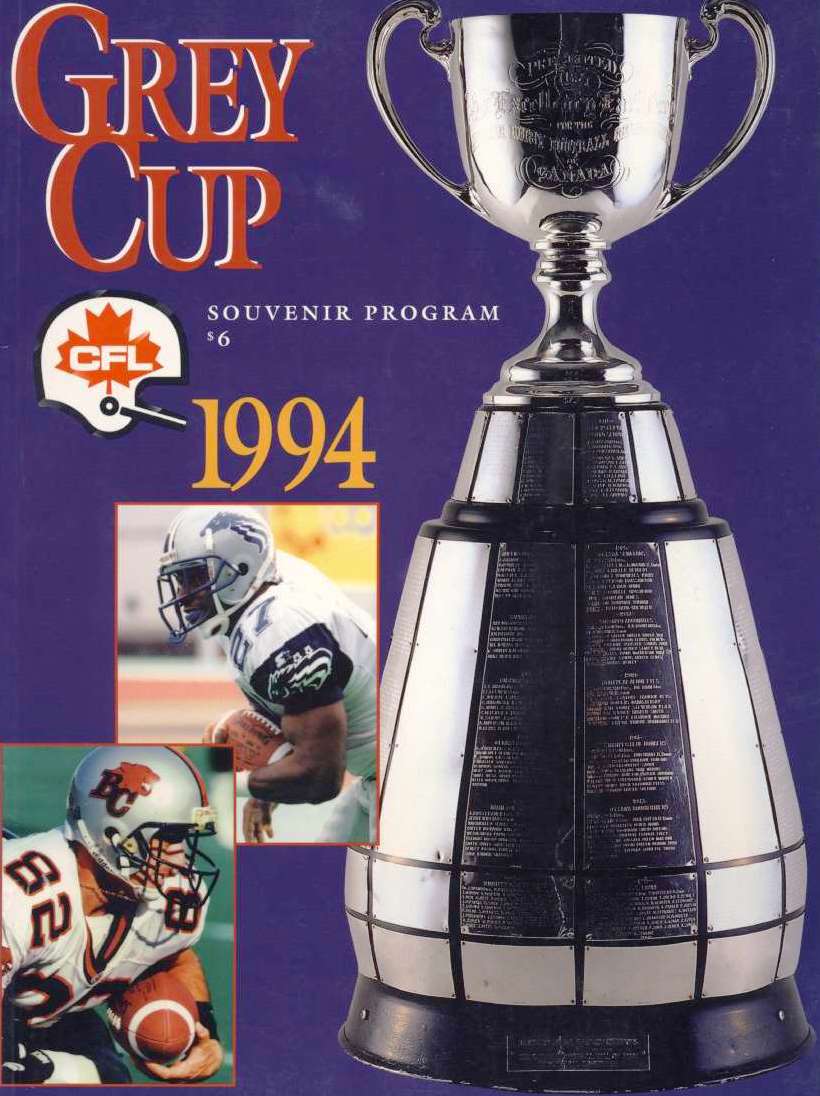 A 1994 Grey Cup program featuring Stallions running back Mike Pringle.