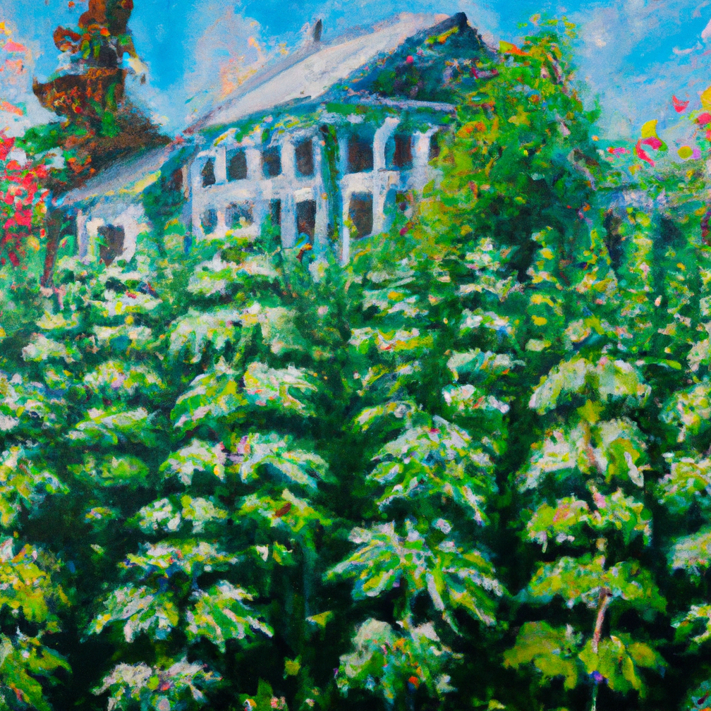 An impressionist-style rendering of a forest of large cannabis plants in front of a white manor-style house.