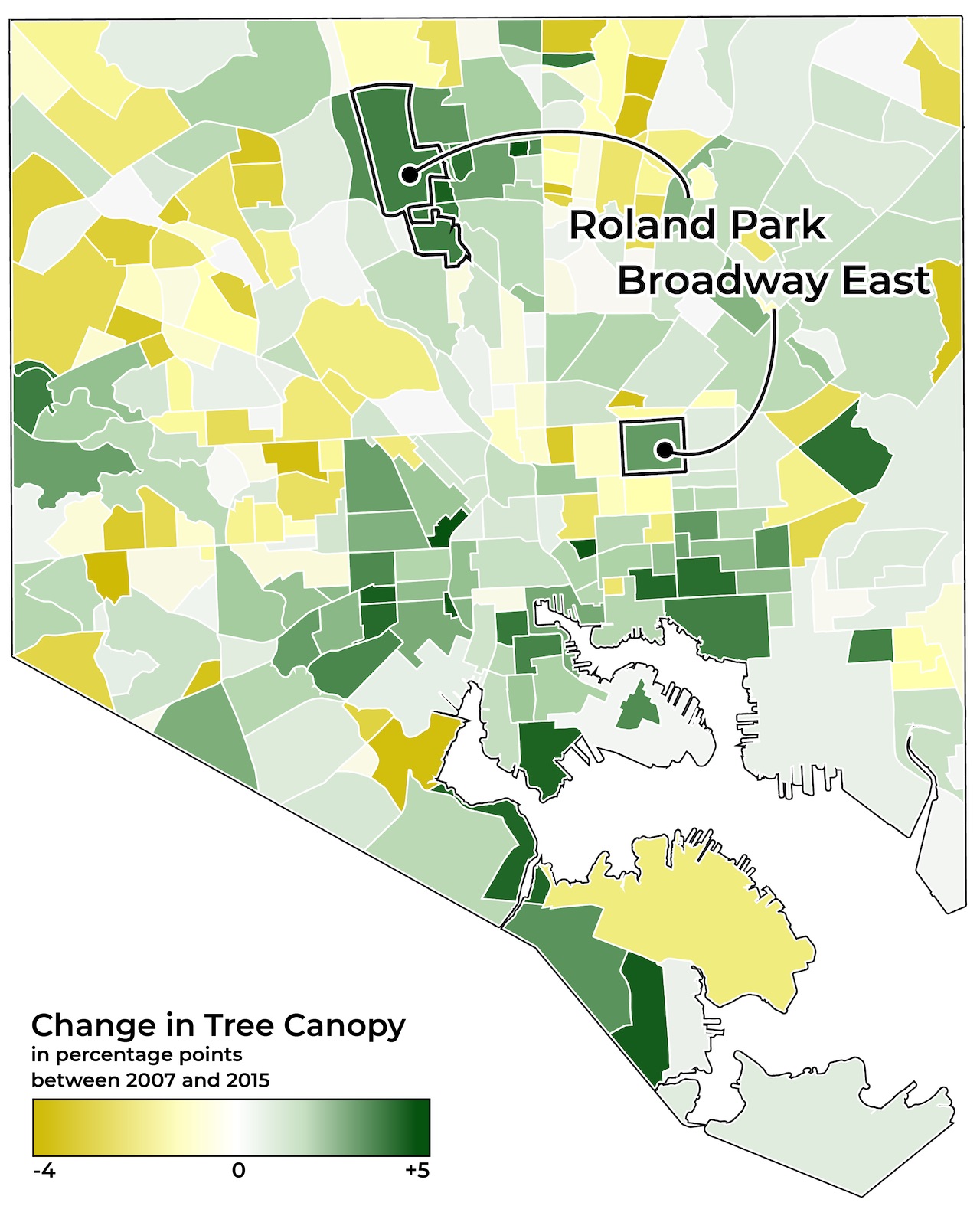 A map showing each neighborhood color-coded according to gains and losses in tree canopy between 2007 and 2015. Both Roland Park and Broadway East show increases.