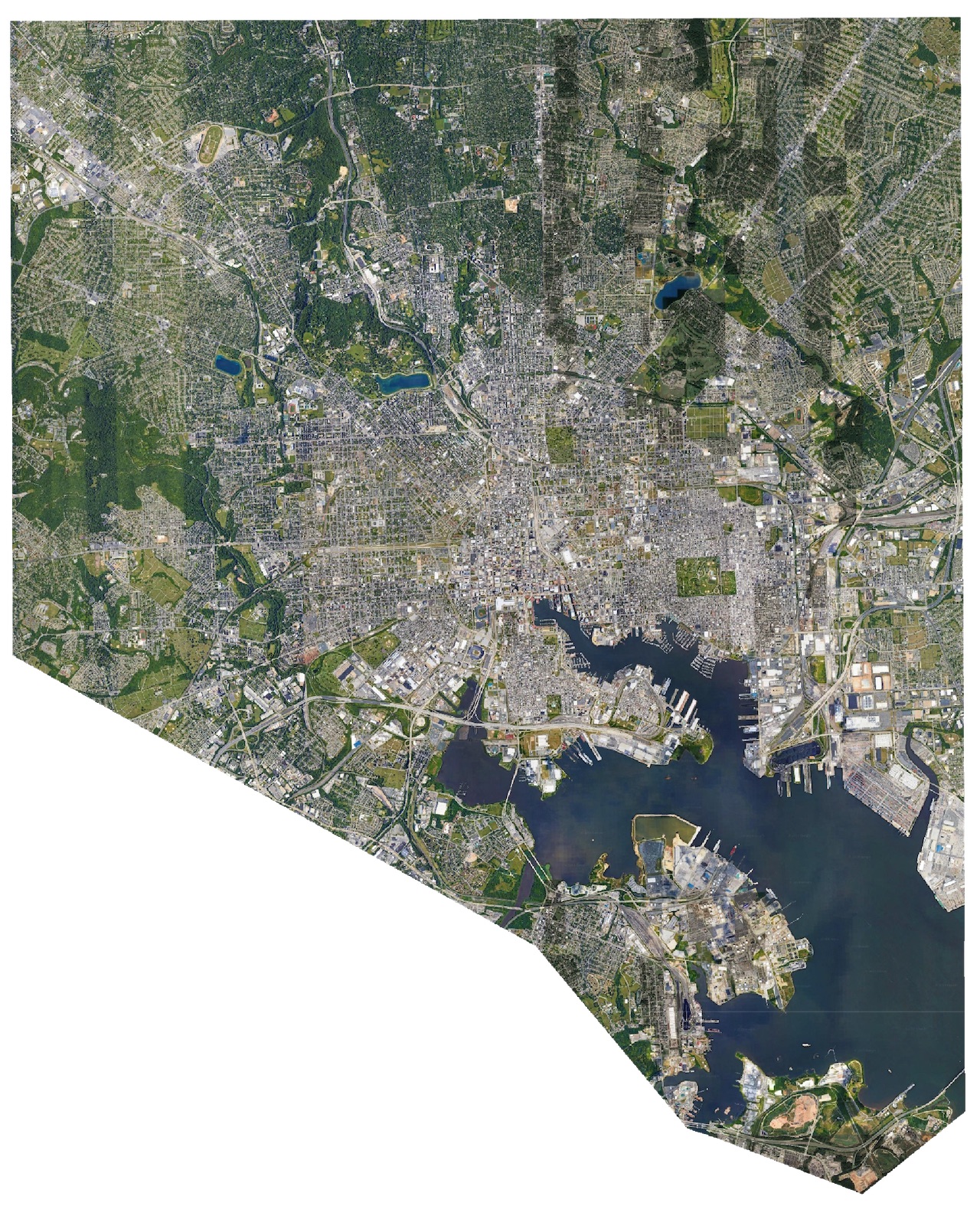 Satellite photo of the Baltimore region showing significantly greener areas in the outskirts of the city
