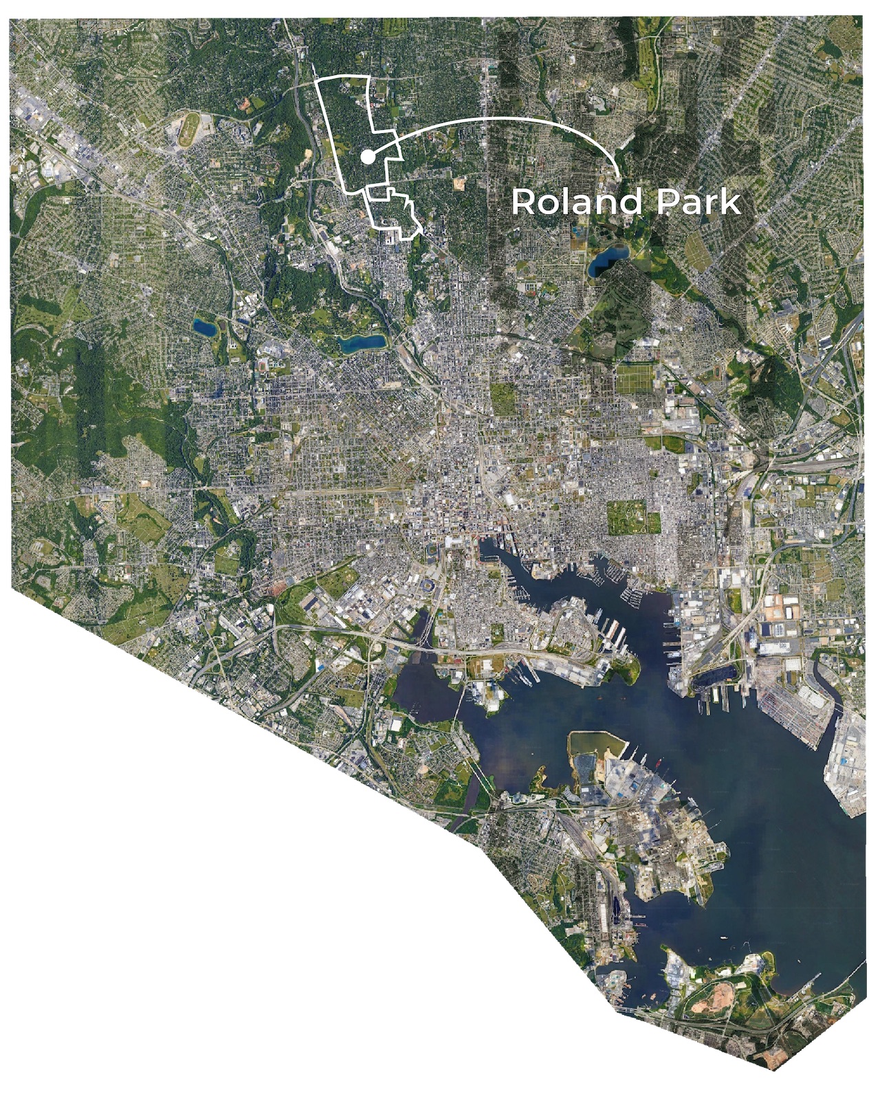 Same satellite photo of Baltimore, now with Roland Park outlined.