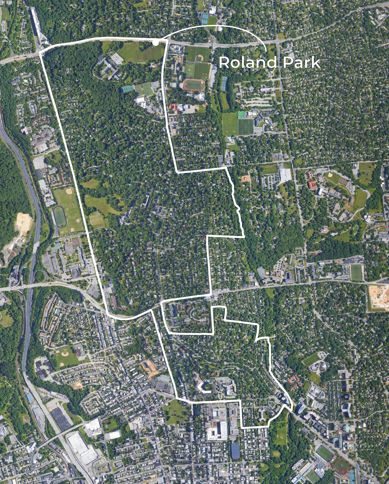 A slightly zoomed-in satellite photo of the Roland Park area