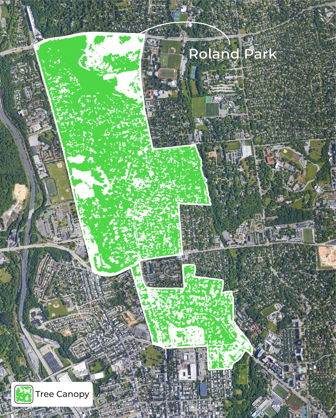 Within the outline of Roland Park, the satellite image has been replaced with green blotches indicating tree canopy.