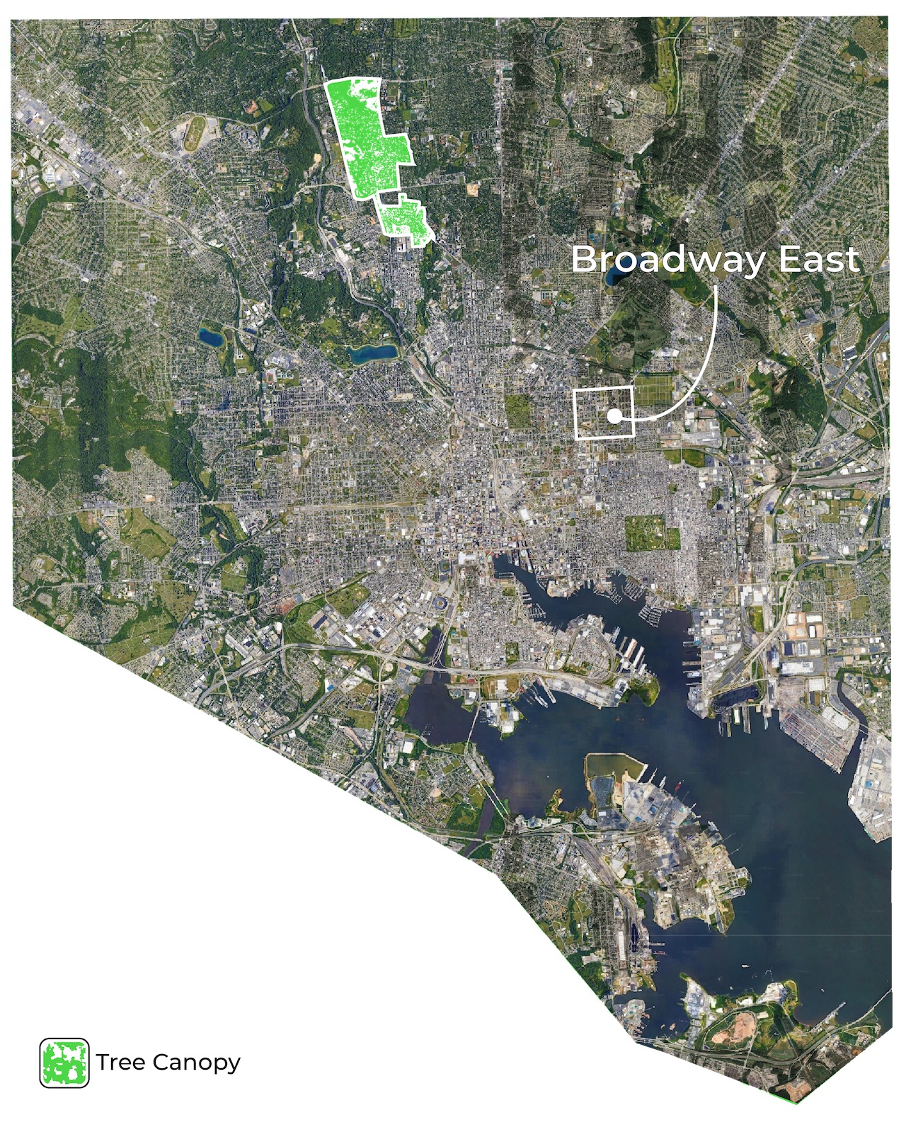 The map shows all of Baltimore, now with Broadway East labeled.