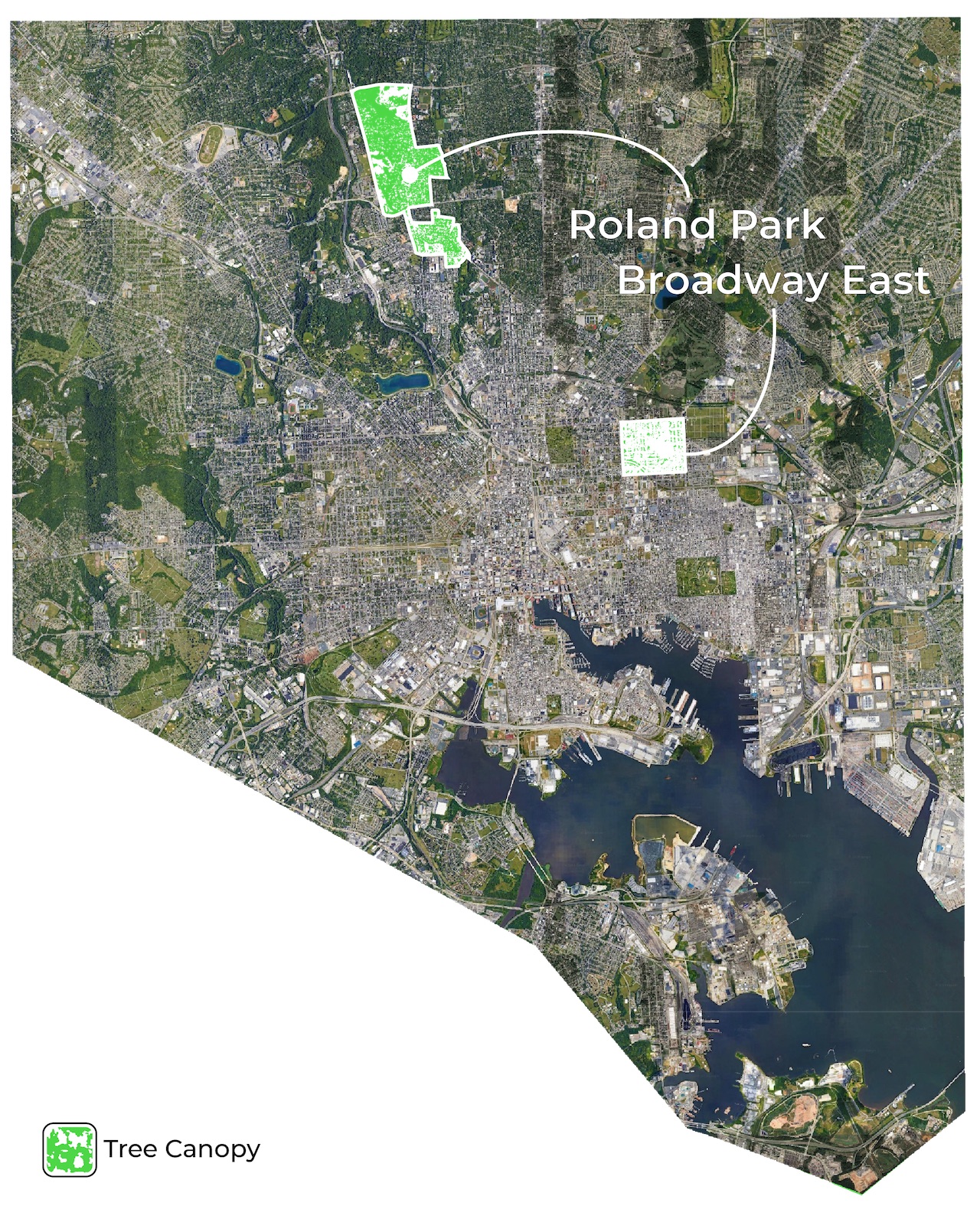 The map again shows all of Baltimore, now with both Roland Park and Broadway East labeled and showing a stark difference in the green blotches that represent tree canopy.