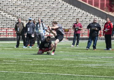 Brad Craddock, place kicker for the Maryland Terrapins, practices kicking field goals for NFL scouts at Maryland Football Pro Day in College Park, Md. at Capital One Field at Maryland Stadium.(Photo courtesy of Rebecca Rainey)