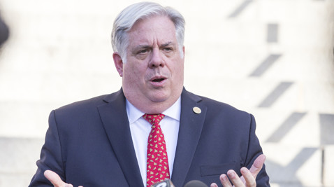 Gov. Larry Hogan, R, speaks to members of the media in front of the State House in Annapolis on Monday, April 13, 2015, the last day of the General Assembly session. Capital News Service photo by James Levin