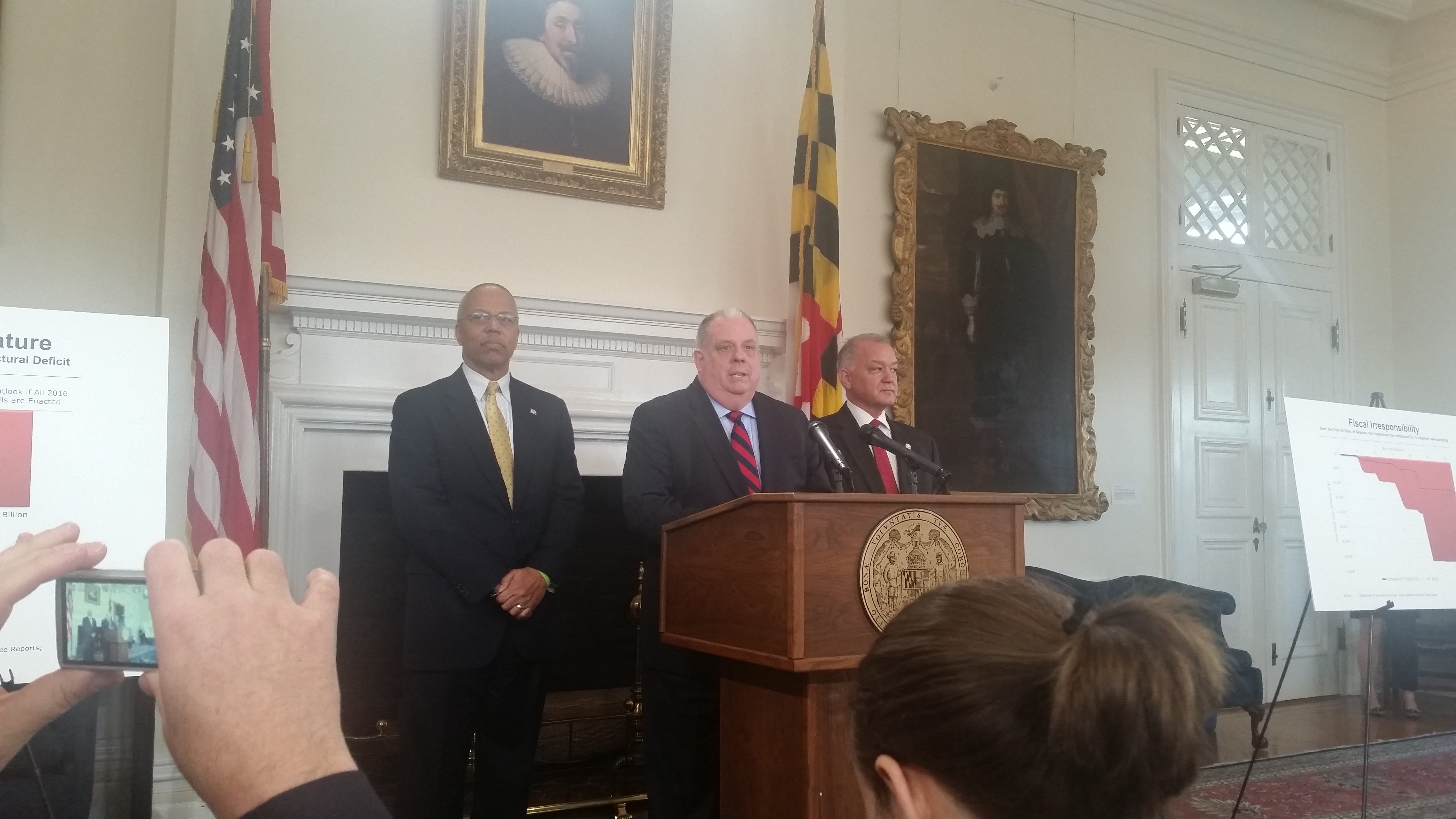Hogan, along with Lt. Gov. Boyd Rutherford and Secretary of Budget and Management David Brinkley, called on legislators to pass mandate reform.