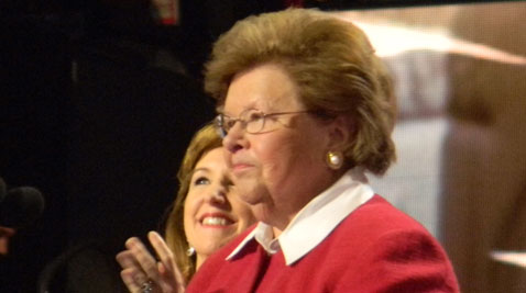 Sen. Barbara Mikulski, D-Md., the longest-serving woman in the history of the U.S. Congress, speaks in front of all of the Senate's Democratic women at the Democratic National Convention in Charlotte. (Capital News Service photo by David Gutman)