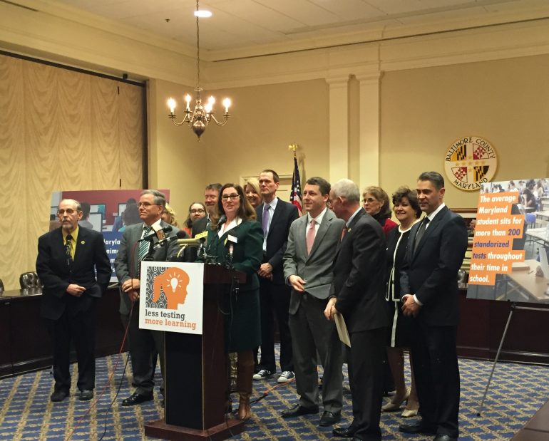 Maryland State Education Association President Betty Weller prepares to speak in support of bills to limit the influence of standardized testing on February 18, 2016 in Annapolis. (Capital News Service photo by Lexie Schapitl).