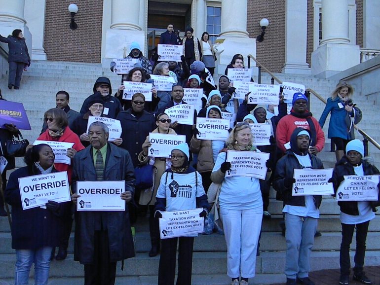 Protestors gathered on the steps of the Maryland State House in Annapolis, Maryland, on January 14, 2016, to advocate for the right of ex-felons to vote. (Capital News Service photo by Josh Magness.)