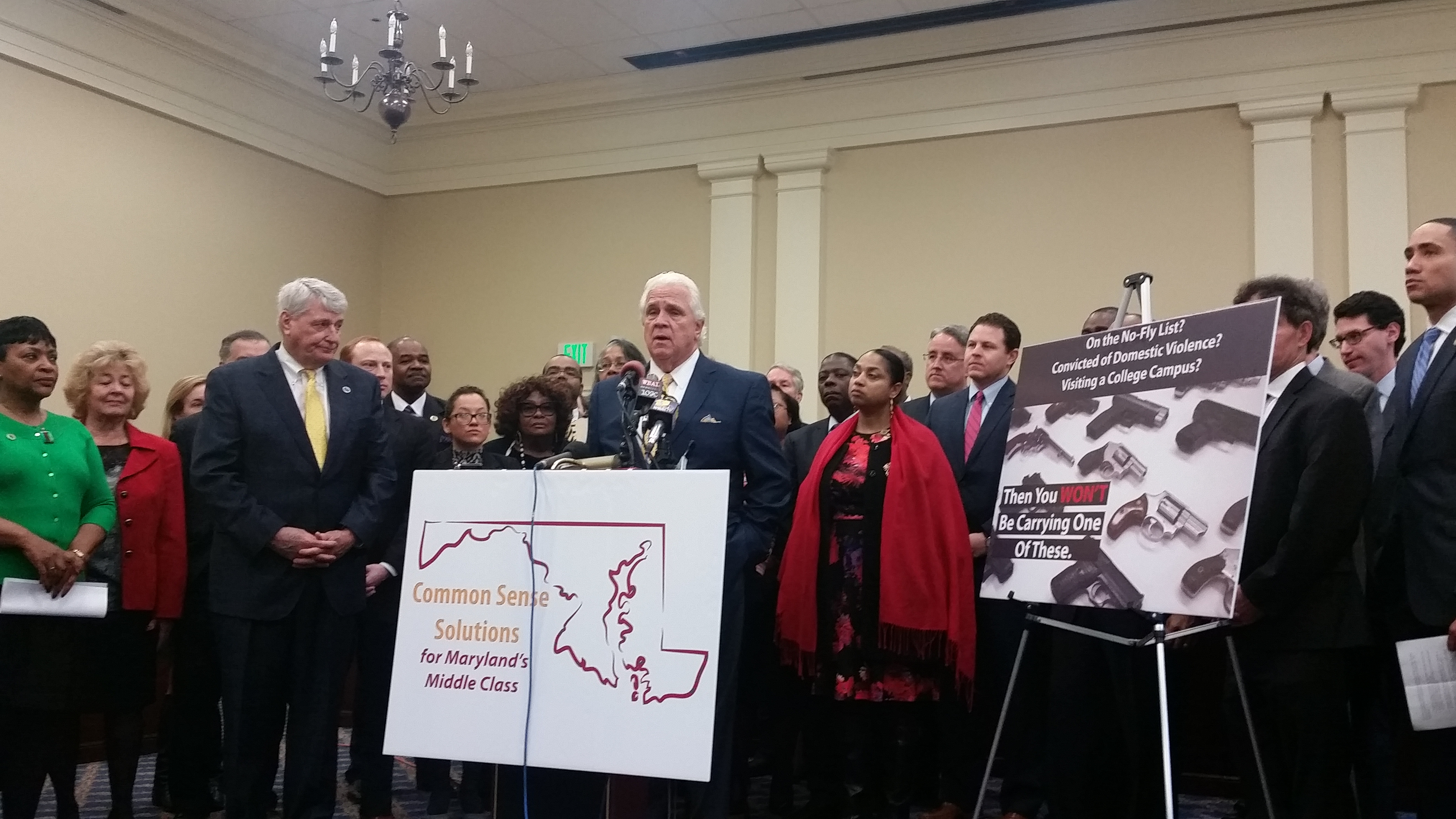 Senate President Thomas V. Mike Miller Jr., D-Calvert, said having six grandchildren in college made him prioritize banning guns on college campuses. This was one of three gun-related bills that Maryland Democrats announced on Wednesday February 10, 2016, in Annapolis. (Capital News Service Photo by Rachel Bluth).
