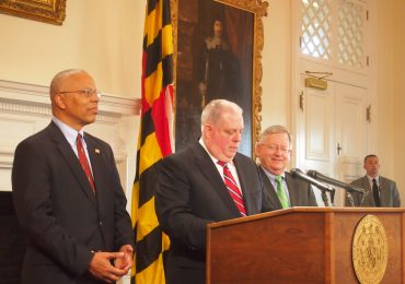 Republican Gov. Larry Hogan, with Lt. Gov. Boyd Rutherford (left) and chief legislative officer Joe Getty (right), speaks to the media about the end of the legislative session and relations with the General Assembly on Tuesday, April 5, 2016. Capital News Service photo by Lexie Schapitl