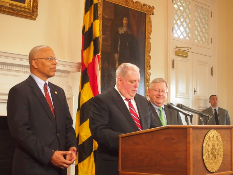 Republican Gov. Larry Hogan, with Lt. Gov. Boyd Rutherford (left) and chief legislative officer Joe Getty (right), speaks to the media about the end of the legislative session and relations with the General Assembly on Tuesday, April 5, 2016. Capital News Service photo by Lexie Schapitl