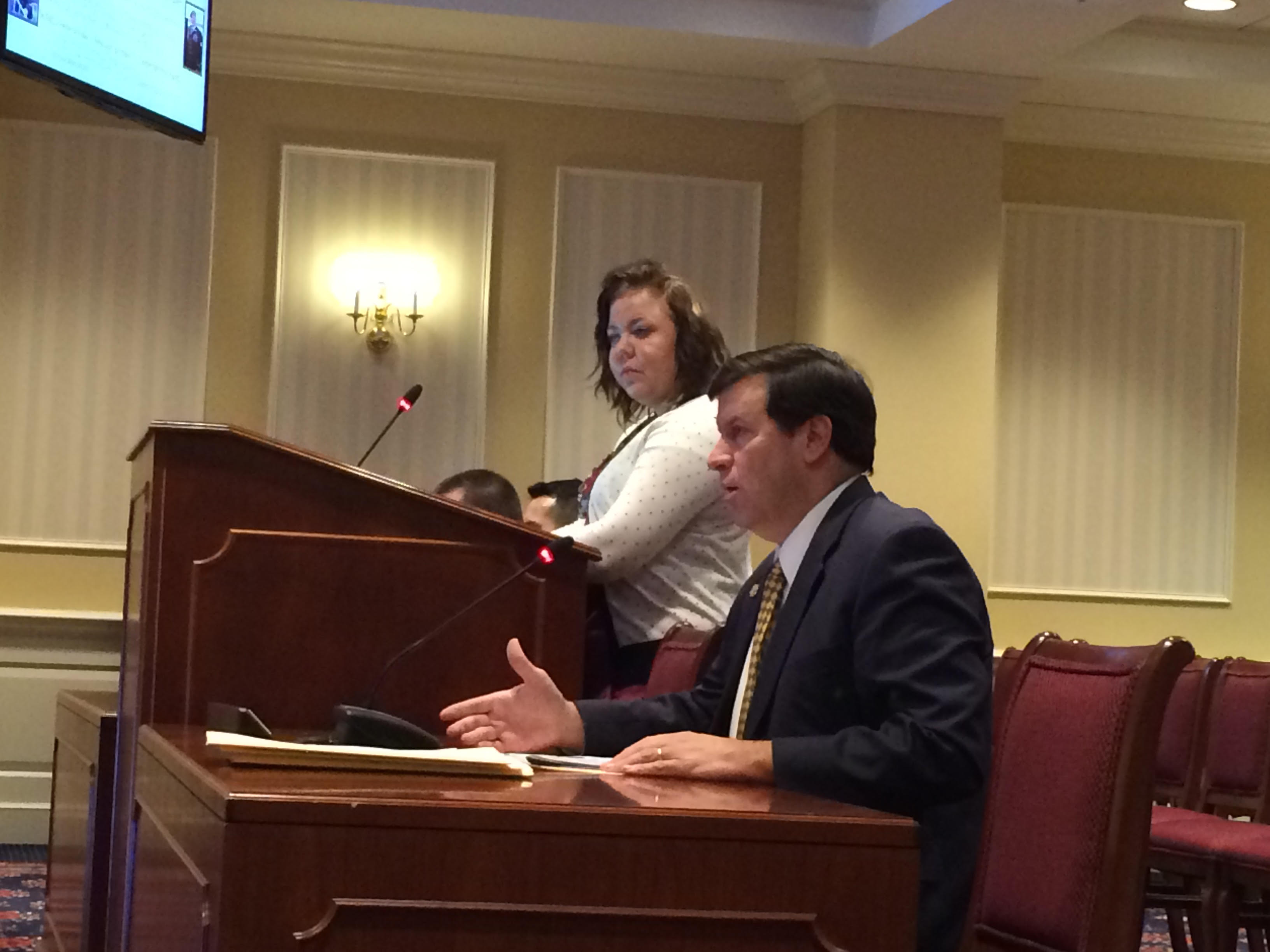 Sen. Bryan Simonaire, R-Anne Arundel, presents the Stolen Valor Act of 2016 at the Senate Judicial Proceedings Committee meeting in Annapolis, Maryland, on January 19, 2016.