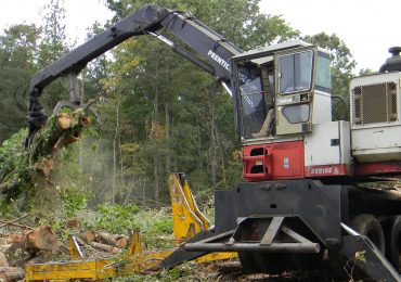 Heavy equipment lifts logs