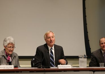State Comptroller Peter Franchot, D, center, at the Board of Revenue Estimates meeting in Annapolis on Wednesday, September 21, 2016. Andrew Schaufele, director of the board, is to Franchot’s left. State Treasurer Nancy Kopp is on Franchot’s right. (Capital News Service photo by Vickie Connor)
