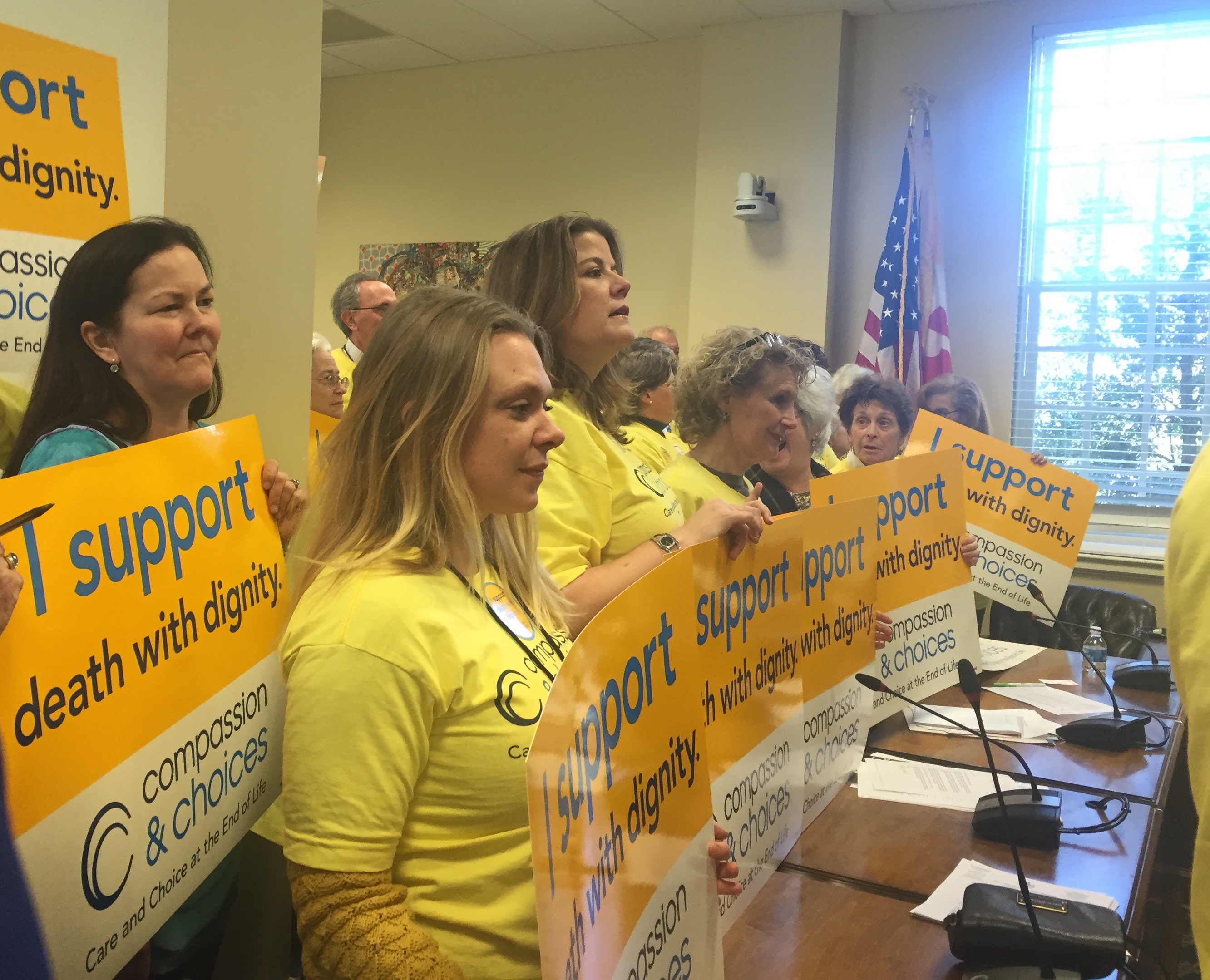 Kaili Van Waveren, 32 from Frederick, and other volunteers with the nonprofit Compassion & Choices attend a press conference in Annapolis on January 28, 2016 regarding Maryland end of life legislation. (Capital News Service photo by Lexie Schapitl)