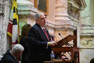 Gov. Larry Hogan delivers part of his second State of the State address in Annapolis on February 3, 2016. (Capital News Service photo by Jessica Campisi).