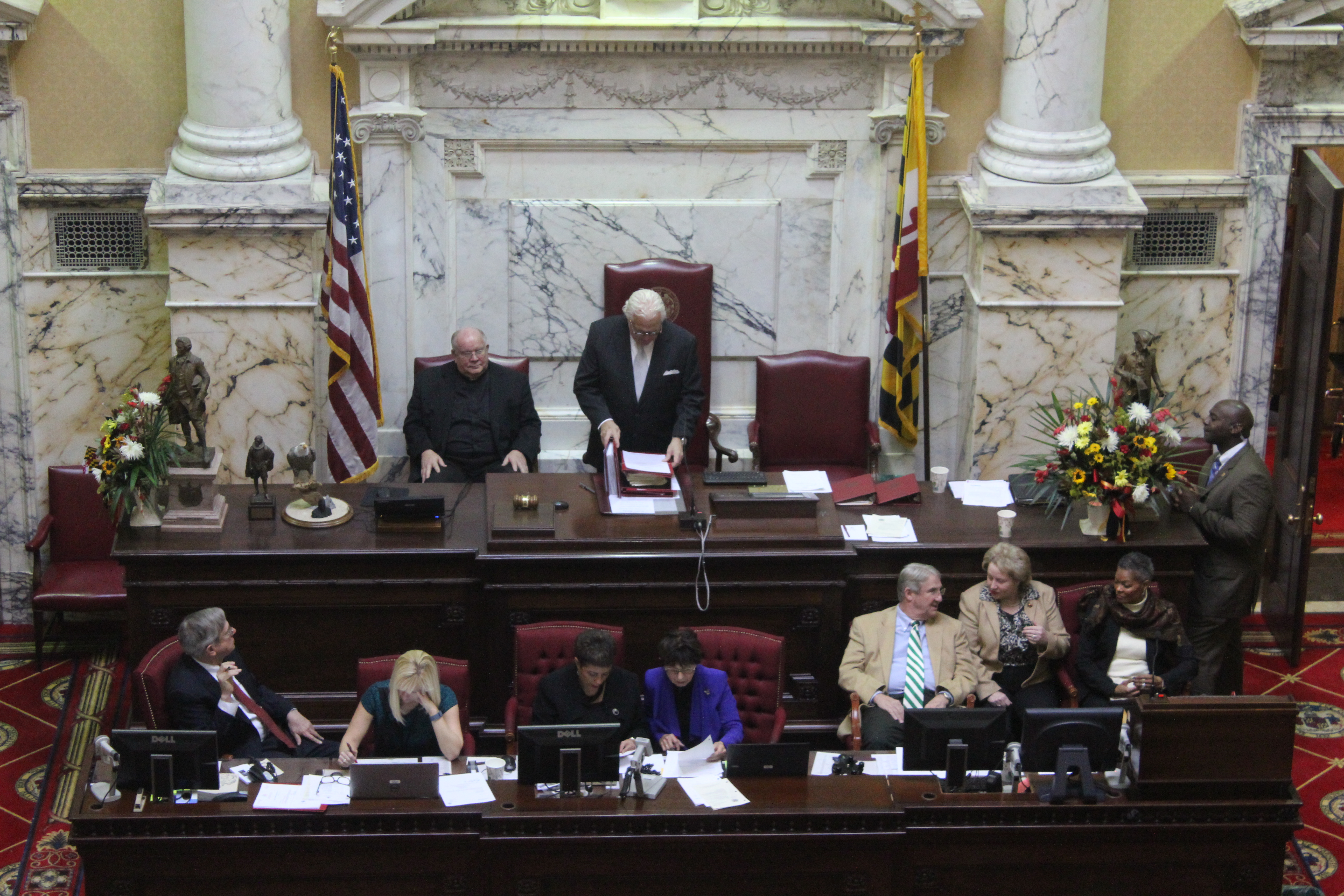 Senate President Thomas V. Mike Miller Jr., D-Calvert, consults his notes before the Senate considers overriding multiple vetoes from Gov. Larry Hogan in Annapolis, Maryland, on January 21, 2016. (Capital News Service photo by Josh Magness)