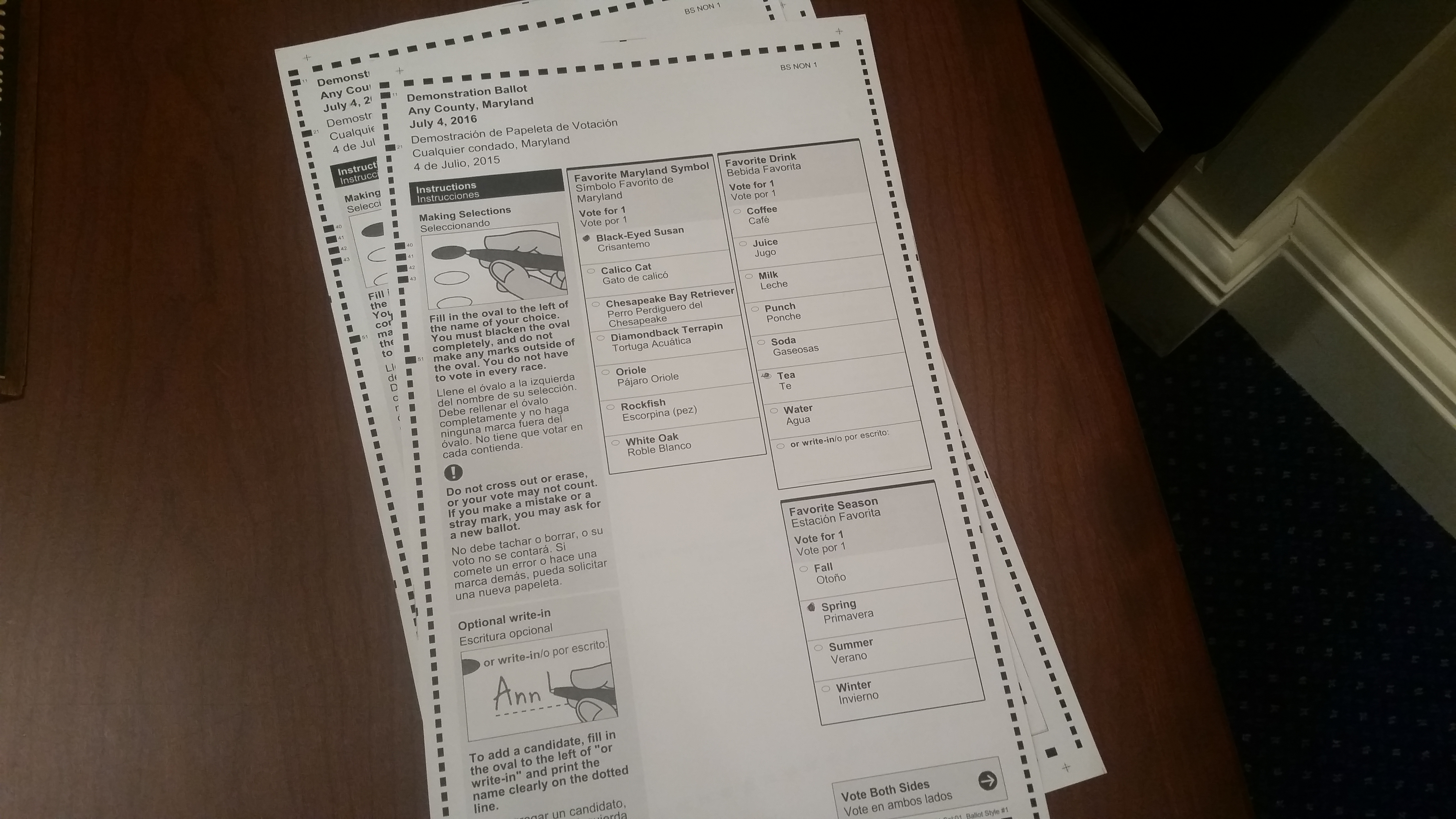 In April 2016, Maryland will switch from touch-screen ballots to paper ones like this. The Maryland State Board of Elections showed samples of the new ballot in Annapolis on Friday, January 29, 2016. (Capital News Service photo by Rachel Bluth.)