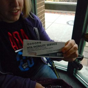 Cheryl Gottlieb prepares for her ride from Mobility with ride cards she has purchased through MTA, so she doesn’t have to worry about exact change—or losing money. Each card costs $1.85, which is the price of a ride. Capital News Service photo by Grace Toohey.