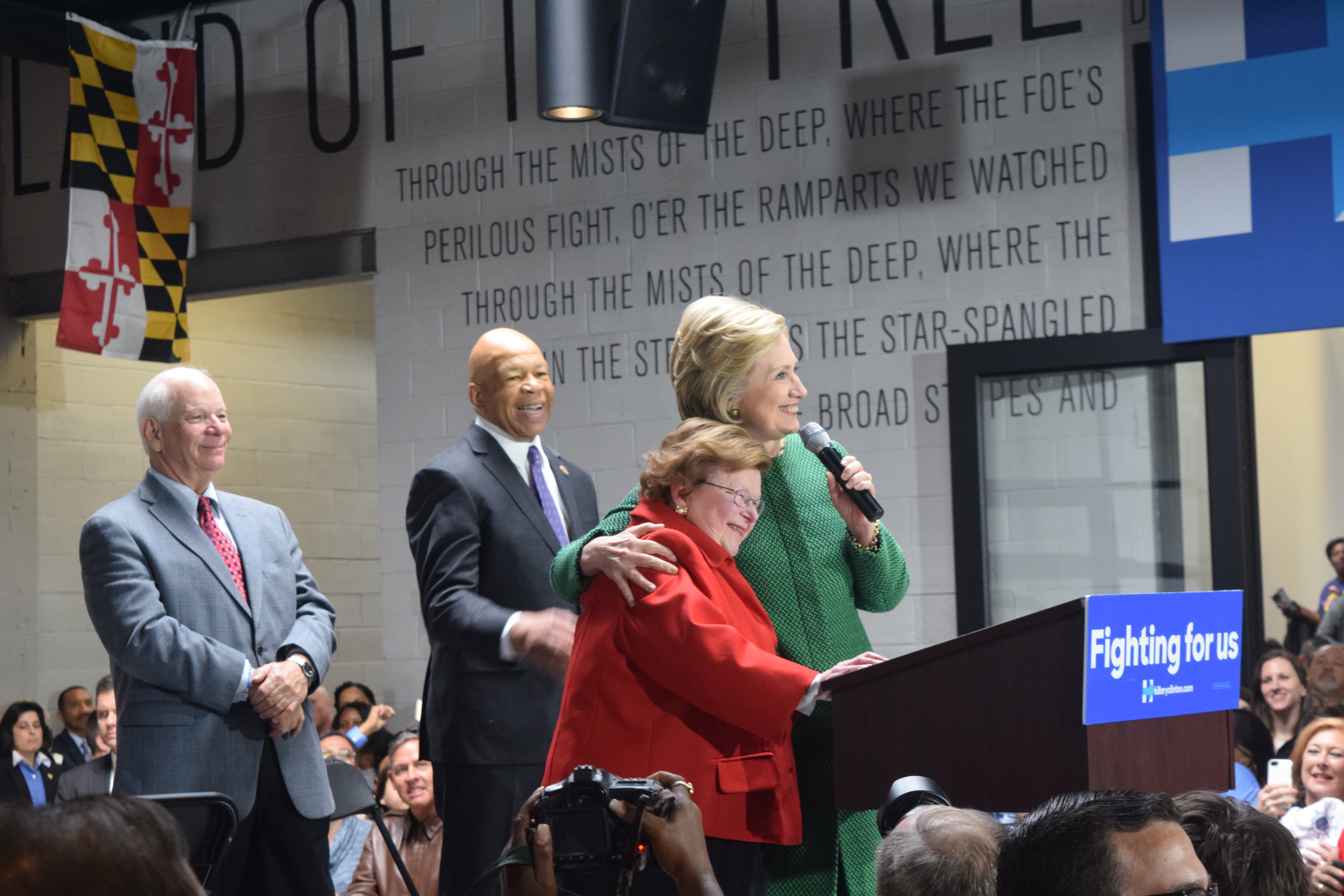 Hillary Clinton addresses a crowd of supporters in Baltimore Sunday. (Capital News Service photo by Alexandra Pamias)