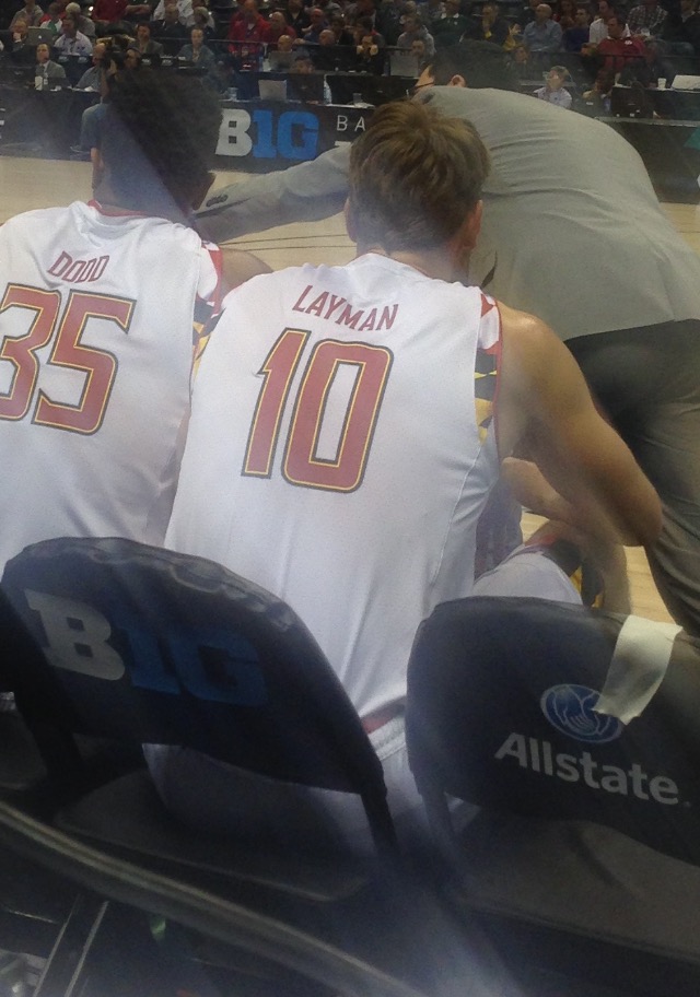 Jake Layman rests during a timeout in the Big Ten quarterfinals game against Nebraska on March 11, 2016. (Photo courtesy of Troy Jefferson)