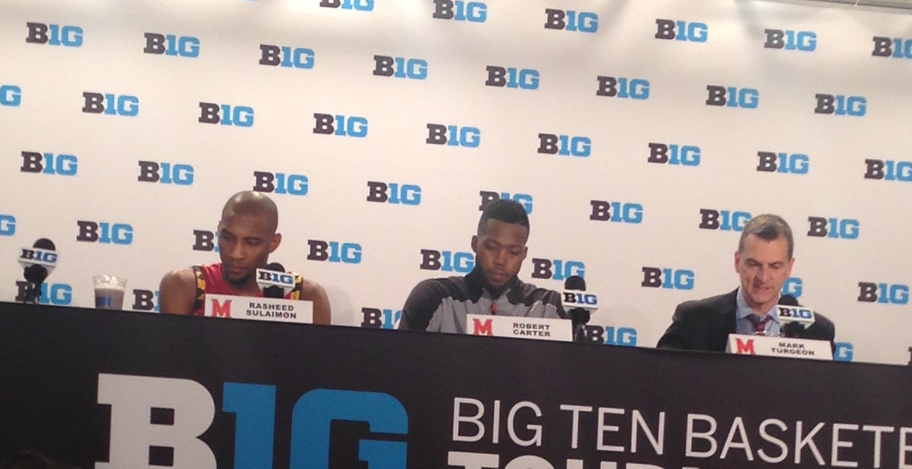 Rasheed Sulaimon (left), Robert Carter (middle), Mark Turgeon (right) address the media after UMD's 64-61 loss against Michigan State in the Big Ten tournament semifinals on March 12, 2016. (Photo courtesy of Troy Jefferson).