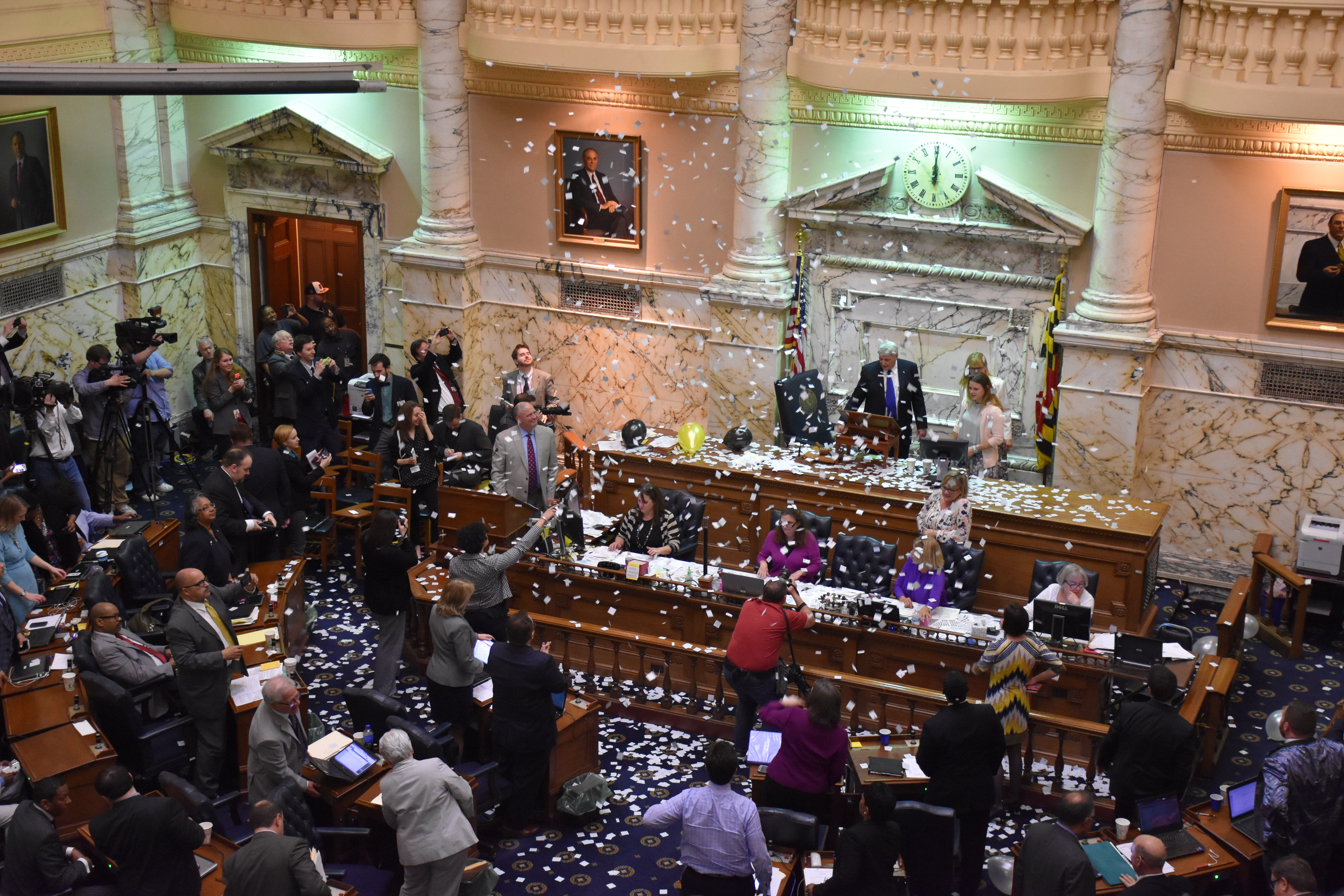 Confetti rains down on the House of Delegates at midnight on Monday, April 11, the last day of the 2016 Maryland General Assembly. (Capital News Service photo by Leo Traub)