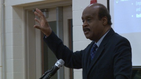 Executive Ike Leggett addresses residents at his budget forum on January 21.