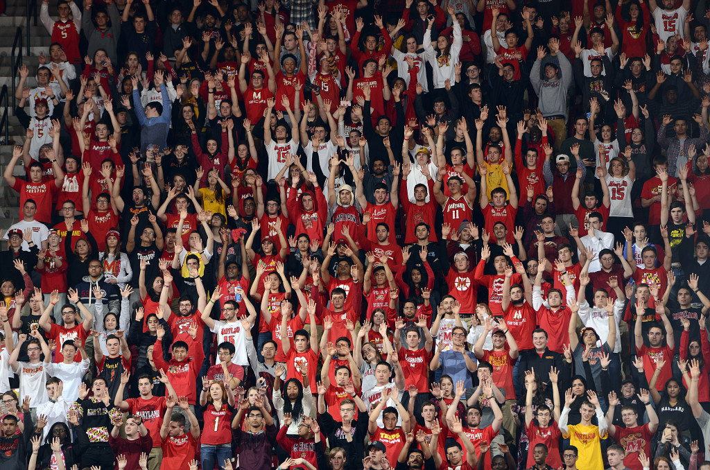 Maryland fans watch the Terrapins men's basketball as they work their way to a 74-68 victory over them No. 3 Iowa at Xfinity Center on Jan. 28, 2016.