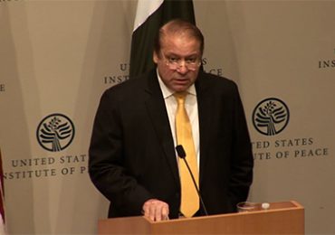 Pakistani Prime Minister Nawaz Sharif speaking at the U.S. Institute of Peace Friday on intensifying U.S.-Pakistan relations to fight terrorism. Photo courtesy- USIP