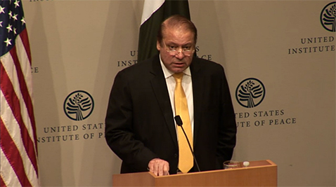 Pakistani Prime Minister Nawaz Sharif speaking at the U.S. Institute of Peace Friday on intensifying U.S.-Pakistan relations to fight terrorism. Photo courtesy- USIP