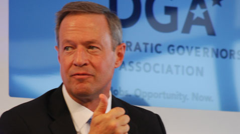 Gov. Martin O'Malley ticks off points in his presentation to the audience at the Democratic Governors Association panel on "Growing Our Economy and Investing in Infrastructure." (Capital News Service photo by Julie Baughman)
