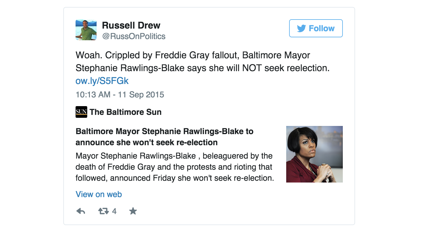 Mayor Stephanie Rawlings-Blake called a press conference Friday morning and made a formal announcement that she would not seek re-election and focus her attention on healing the city in the wake of Freddie Gray's death.