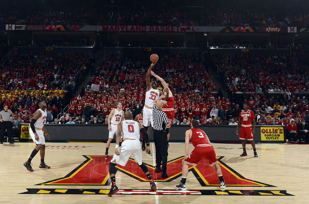 Freshman center Diamond Stone and Maryland men's basketball tip off against Wisconsin at Xfinity Center on Feb. 13, 2016. Photo courtesy of Maryland Athletics.