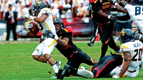 Safety Eric Franklin (center) and the Terps are looking to end their six-game losing streak against No. 8 Mountaineers on Saturday in Morgantown, W. Va. (Charlie DeBoyace/The Diamondback)