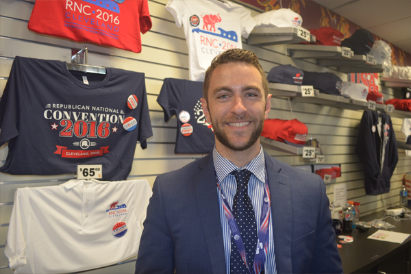 Benjamin Rank, a Baltimore native and University of Maryland alumnus, is the director of convention stores for the Republican Party. Rank oversees the seven official merchandise stores in Quicken Loans Arena during the Republican National Convention. Capital News Service photo by Julie Gallagher