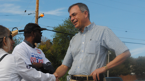 Rep. Andy Harris meets voters at a rally in Bel Air, Md., on Sept. 29 Capital News Service photo by Matt Fleming