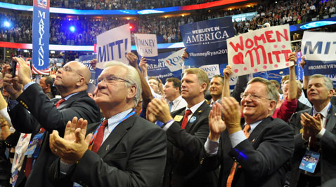 Maryland Republican delegates give Mitt Romney a standing ovation after his acceptance speech Thursday night. The delegates engaged with Romney throughout his speech, cheering, whistling, booing and waving signs. (CNS Photo by Caitlin Johnston)