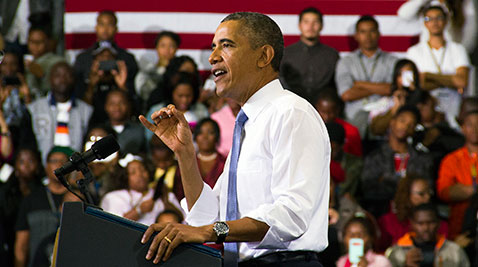 Obama stands at podium in Prince George's County