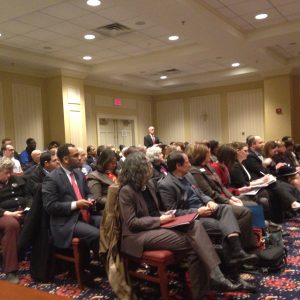People packed the Senate Finance Committee's first hearing on the Maryland Healthy Working Families Act on February 3, 2015, many testifying for and against mandated sick and safe leave for employers (Capital News Service Photo by Grace Toohey)