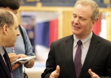 Caption: Rep. Chris Van Hollen, D-Kensington, speaks with reporters during a surprise appearance at the Republican National Convention in Tampa, Florida, on Wednesday, Aug. 30. Van Hollen called Tuesday night's speeches a personal attack on President Barack Obama. (Photo by Carl Straumsheim/Capital News Service)