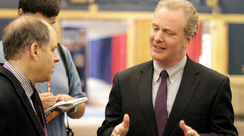 Caption: Rep. Chris Van Hollen, D-Kensington, speaks with reporters during a surprise appearance at the Republican National Convention in Tampa, Florida, on Wednesday, Aug. 30. Van Hollen called Tuesday night's speeches a personal attack on President Barack Obama. (Photo by Carl Straumsheim/Capital News Service)