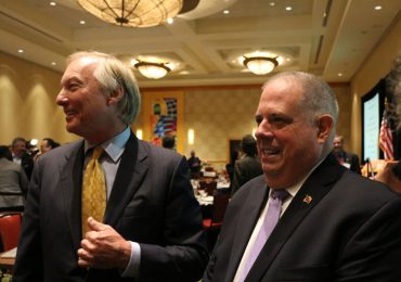 Comptroller Peter Franchot and Gov. Larry Hogan answer questions at the Greater Bethesda Chamber of Commerce breakfast on Friday, Oct. 21, 2016. Capital News Service photo by Vickie Connor
