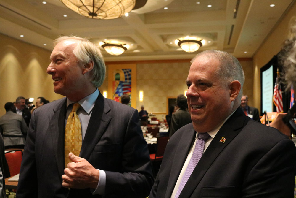 Comptroller Peter Franchot and Gov. Larry Hogan answer questions at the Greater Bethesda Chamber of Commerce breakfast on Friday, Oct. 21, 2016. Capital News Service photo by Vickie Connor