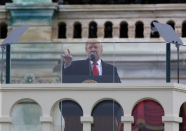 President Donald J. Trump gestures while giving his speech after being sworn in at the inauguration on the temporary inaugural platform on the steps of the Capitol in Washington D.C. Capital News Service Photo by Hannah Klarner.